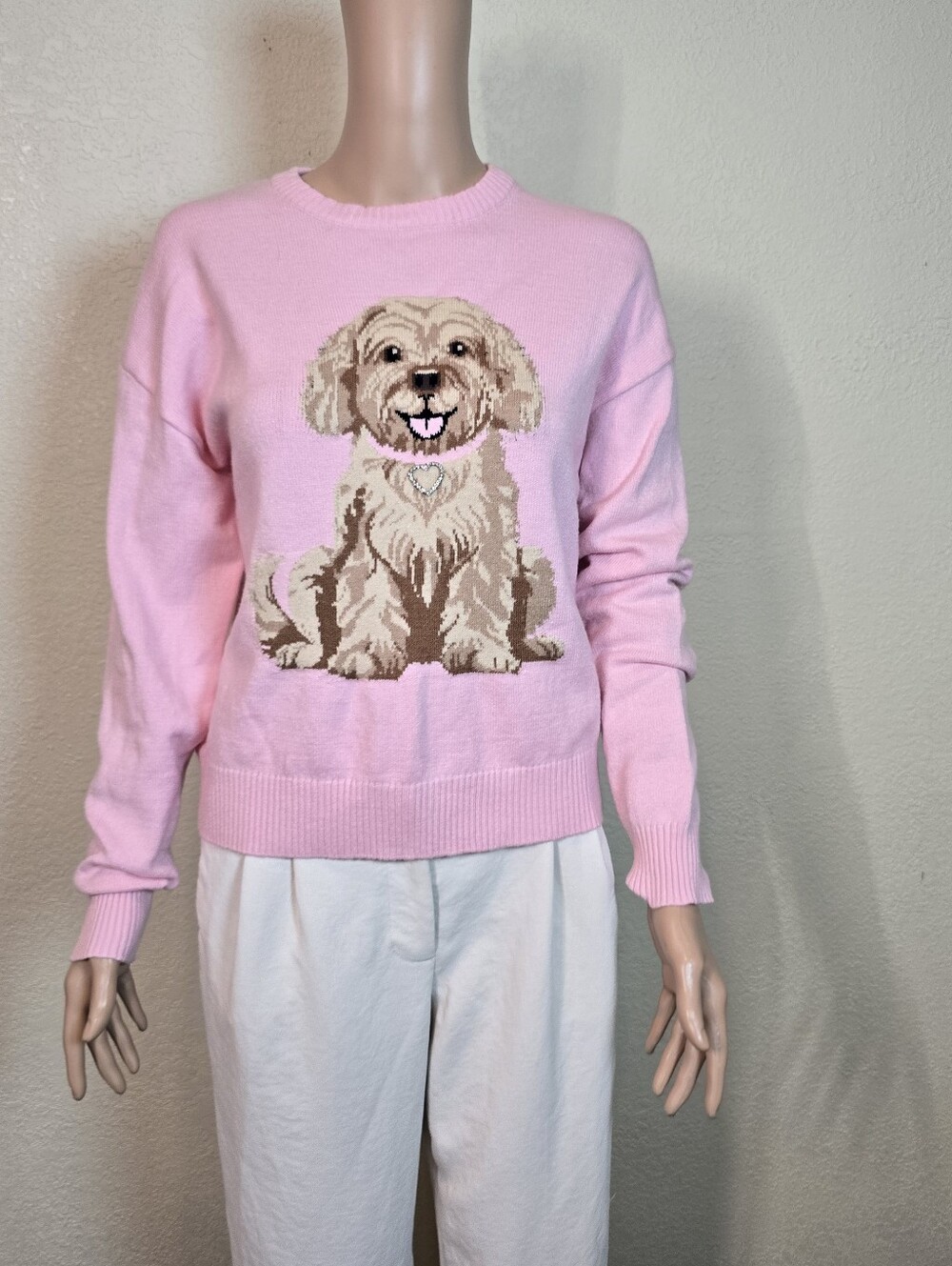 Derek Heart Pink Doodle Poodle Puppy Dog Sweater Size Medium Women’s Crewneck - Picture 5 of 16